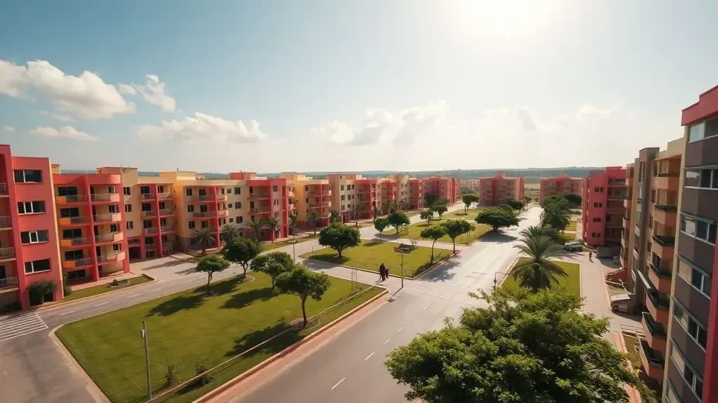 A high-angle drone shot of the Kilamba Kiaxi city in Angola, showing rows of vibrant, pastel-colored apartment buildings, emp