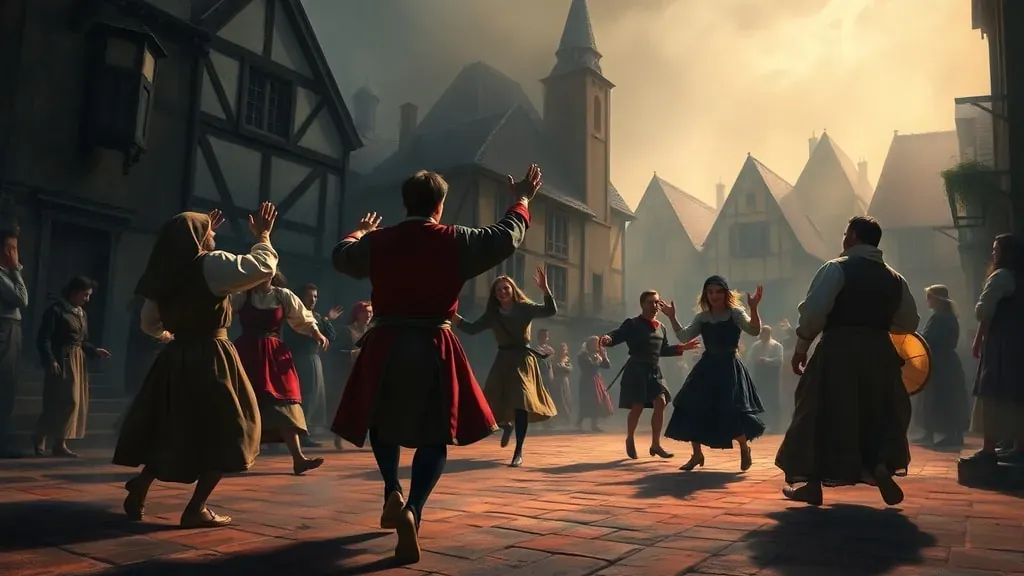 Una ilustración histórica estilo pintura al óleo que muestra a varias personas con ropa medieval bailando de forma caótica y desesperada en una plaza pública de Estrasburgo durante 1518.