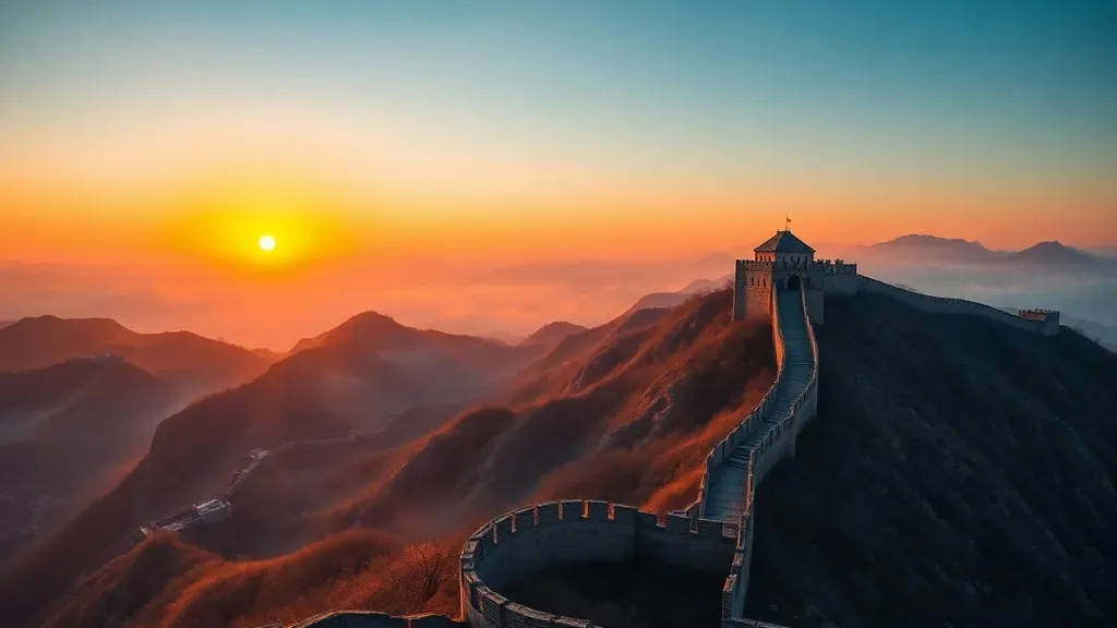 Vista aérea panorámica y realista de la Gran Muralla China serpenteando entre montañas escarpadas bajo un atardecer, destacando su integración con el terreno natural.