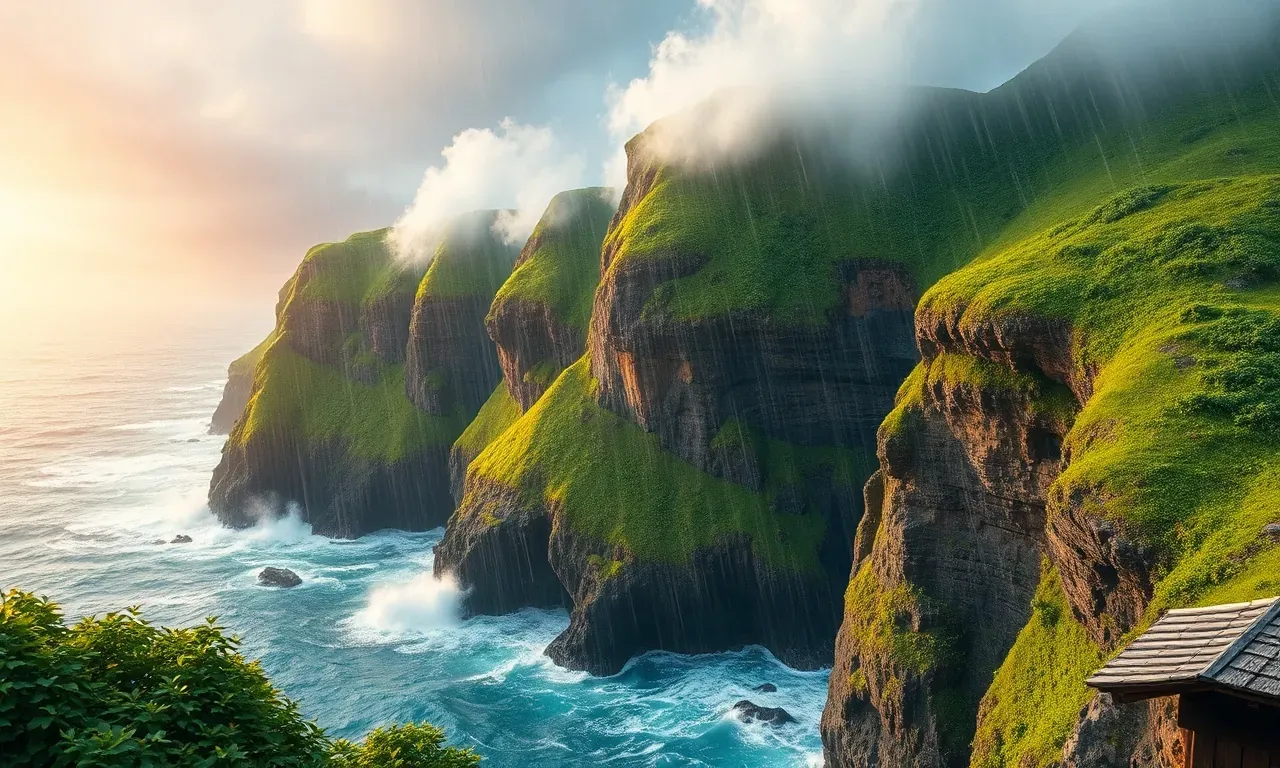 Paisaje impresionante de un acantilado verde frente al mar donde la lluvia asciende en lugar de caer debido a fuertes vientos.