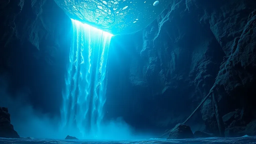 Impresionante ilustración de una catarata submarina en las profundidades del océano con corrientes de agua densa fluyendo sobre un acantilado abisal.