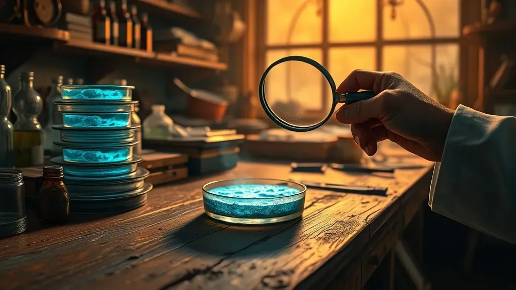 Un laboratorio antiguo de los años 20 con placas de Petri sobre una mesa de madera. Un científico examina un cultivo de moho con una lupa, representando el descubrimiento de la penicilina.