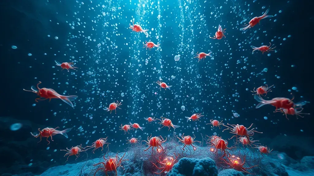 Científicos observando partículas de nieve marina cayendo en las profundidades del océano rodeadas de vida bioluminiscente.