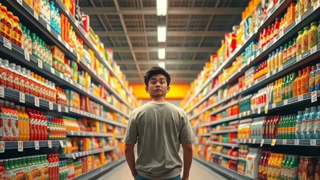 Persona confundida en un supermercado con estantes llenos de productos, representando la ansiedad por tener demasiadas opciones.