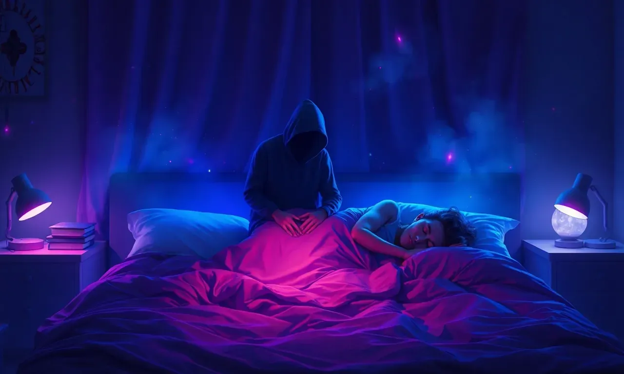 Imagen artística de una persona sufriendo parálisis del sueño en una habitación oscura con una sombra misteriosa sobre ella.