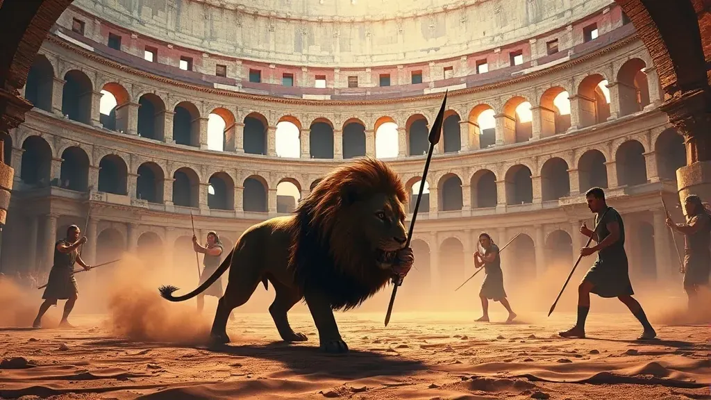 Recreación histórica del interior del Coliseo romano con cazadores enfrentando animales salvajes durante los juegos de la Venatio.