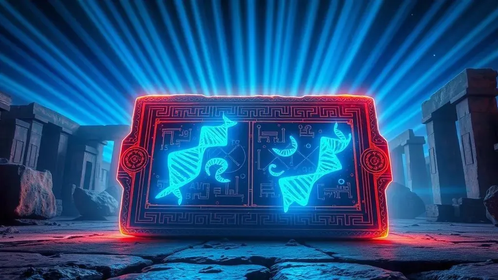Representación artística de tecnología ancestral sumeria con estructuras de ADN holográficas y ruinas de piedra, con una iluminación mística y futurista.