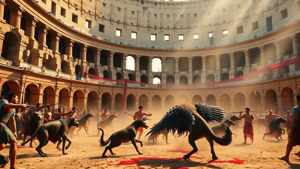 Recreación histórica del interior del Coliseo Romano con gladiadores enfrentando animales salvajes en una arena con escenografía de bosque.