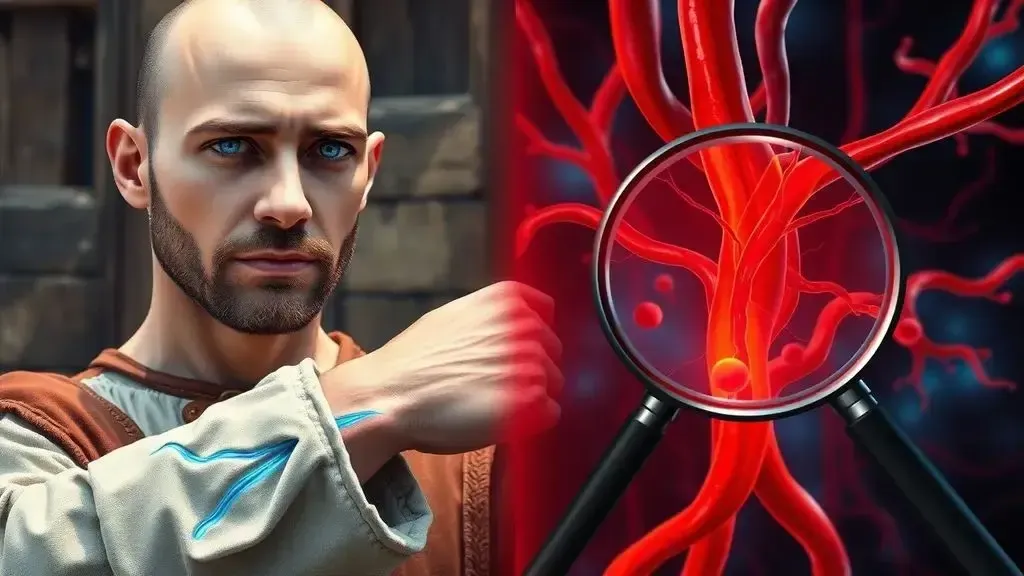 On one side, a historical medieval prince with pale skin and visible blue-tinted veins in his wrist. On the other side, a fut