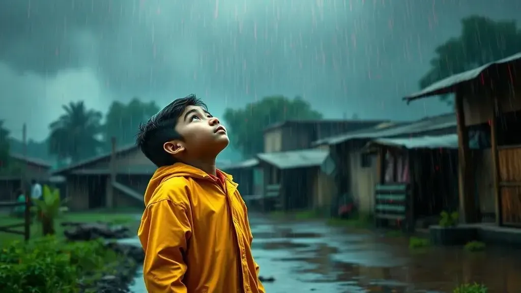 A cinematic, high-quality photograph of a rural Indian village during a heavy rainstorm where the water droplets appear disti