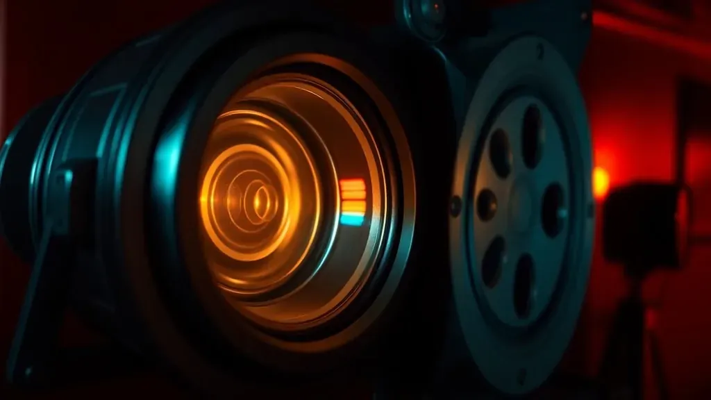 Lente de proyector de cine antiguo reflejando mensajes secretos y misteriosos en una pared oscura, con estética cinematográfica y colores vibrantes.