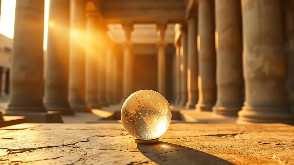 Lente de Nimrud de cristal de roca antiguo, expuesta en un entorno arqueológico con detalles de luz dramática y tabletas cuneiformes al fondo.