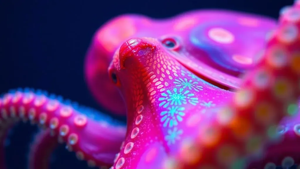 Primer plano detallado de la piel de un pulpo mostrando patrones de colores vibrantes y texturas complejas bajo el agua, representando su capacidad de comunicación visual.