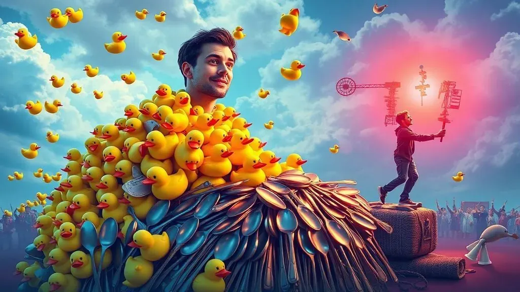 Collage colorido y surrealista que representa varios récords Guinness, incluyendo patitos de goma y objetos imposibles, con un estilo visual llamativo.