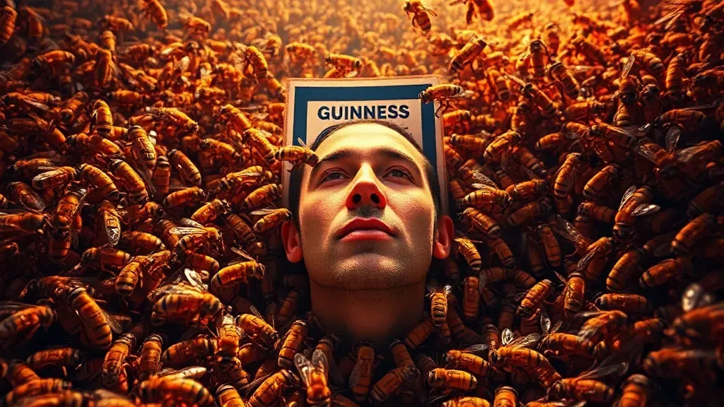 Una persona rodeada por un enjambre de abejas mientras sostiene un certificado de récord mundial con una expresión de total calma en un entorno surrealista.