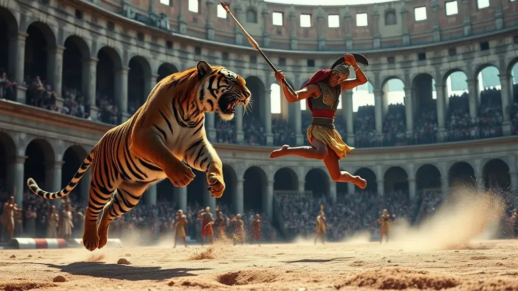 Representación artística de un venator romano enfrentándose a un tigre en la arena del Coliseo, mostrando la intensidad de las cacerías antiguas.