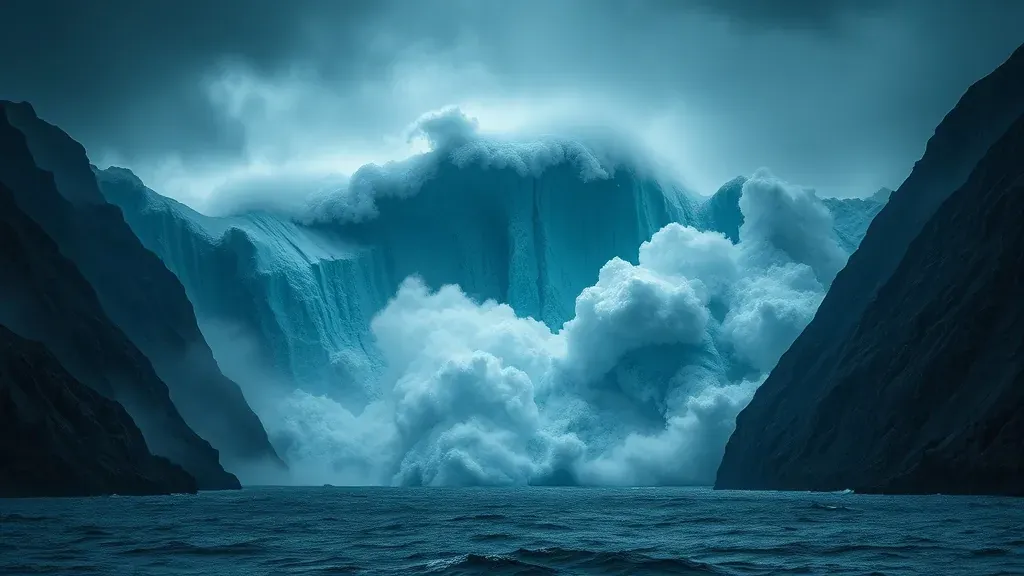 Una ola gigantesca de cientos de metros de altura elevándose sobre un fiordo estrecho con montañas rocosas a ambos lados, representando un mega-tsunami.