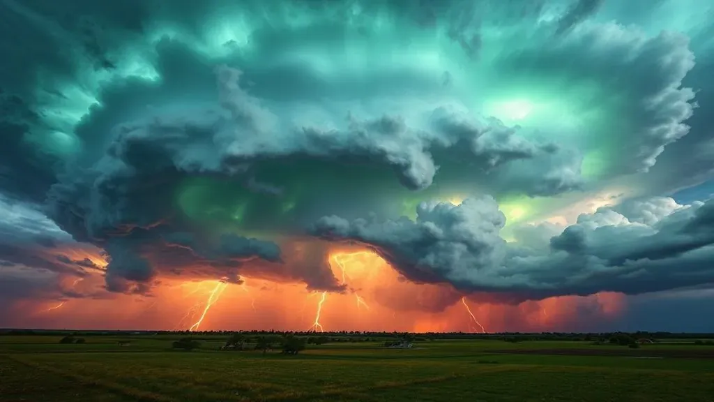 Una imponente nube supercélula con un cielo de color verde eléctrico y relámpagos iluminando un campo abierto durante una megatormenta.
