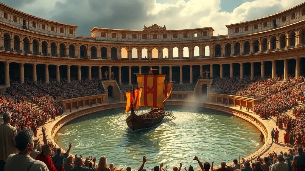 Recreación artística de una batalla naval en el Coliseo de Roma con barcos antiguos y espectadores en las gradas.