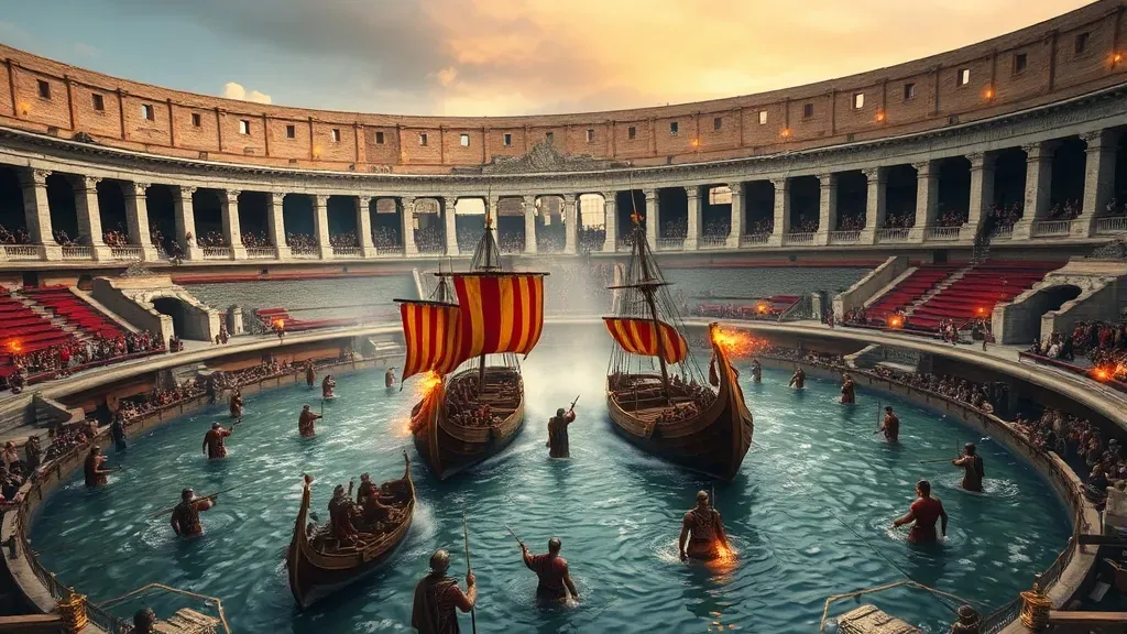 Recreación histórica del Coliseo romano inundado con barcos de guerra combatiendo en su interior durante una naumaquia.