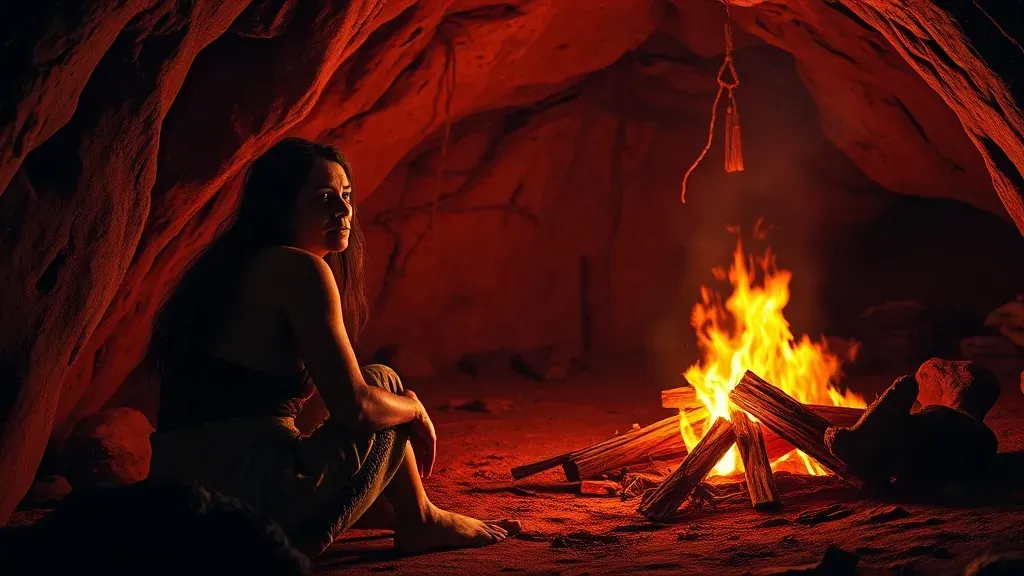 Retrato realista de una mujer neandertal sentada junto a una fogata en una cueva, expresando inteligencia y curiosidad.
