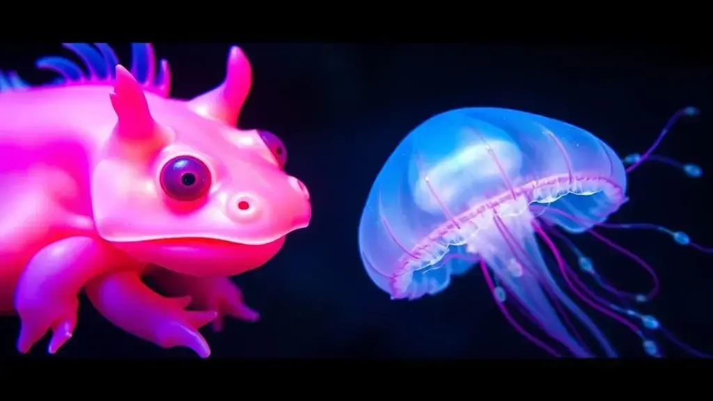 A high-definition, cinematic macro shot of a vibrant pink Axolotl and a glowing Turritopsis dohrnii jellyfish, underwater bio