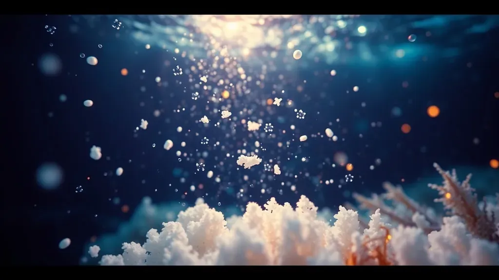 Partículas de materia orgánica blanca cayendo en el fondo del océano oscuro, simulando una nevada bajo el mar.