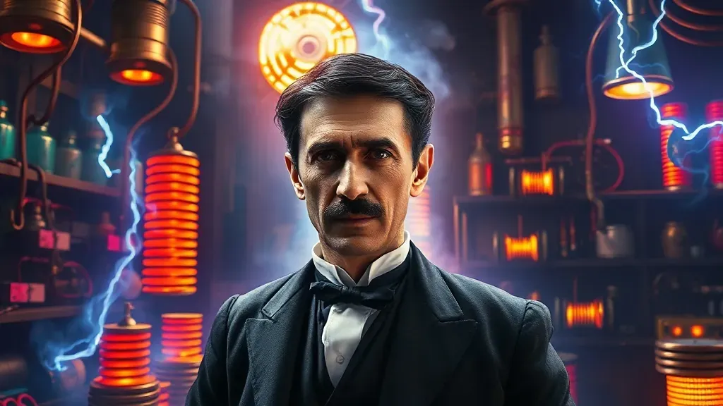 Retrato cinematográfico de Nikola Tesla en su laboratorio rodeado de bobinas eléctricas brillantes y rayos de luz con una atmósfera misteriosa.