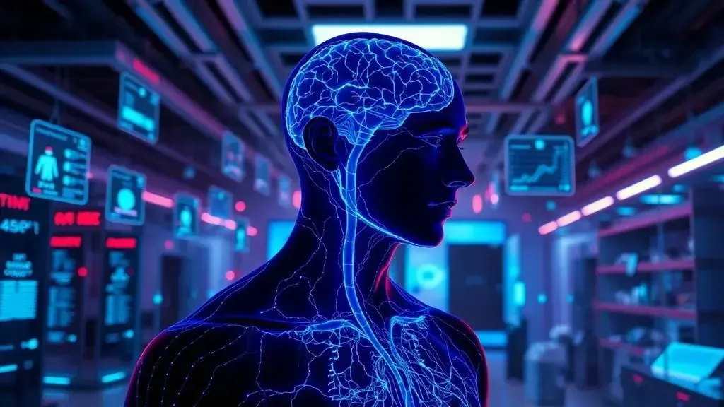 Cinematic portrait of a human silhouette with glowing blue neural pathways visible through the skin, standing in a high-tech