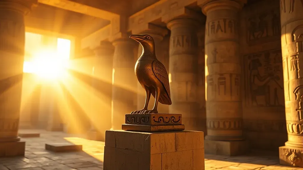 Réplica detallada del Pájaro de Saqqara en un templo egipcio con jeroglíficos de fondo, iluminación dramática y atmósfera de misterio.
