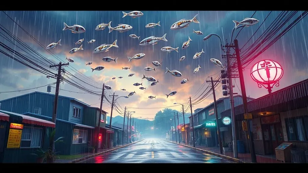 Fotografía cinematográfica que muestra peces pequeños cayendo del cielo durante una tormenta en una calle urbana, estilo realista.