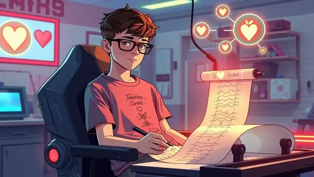 showing a teenager sitting in a high-tech chair connected to an old-school polygraph machine with ink pens drawing squiggly l