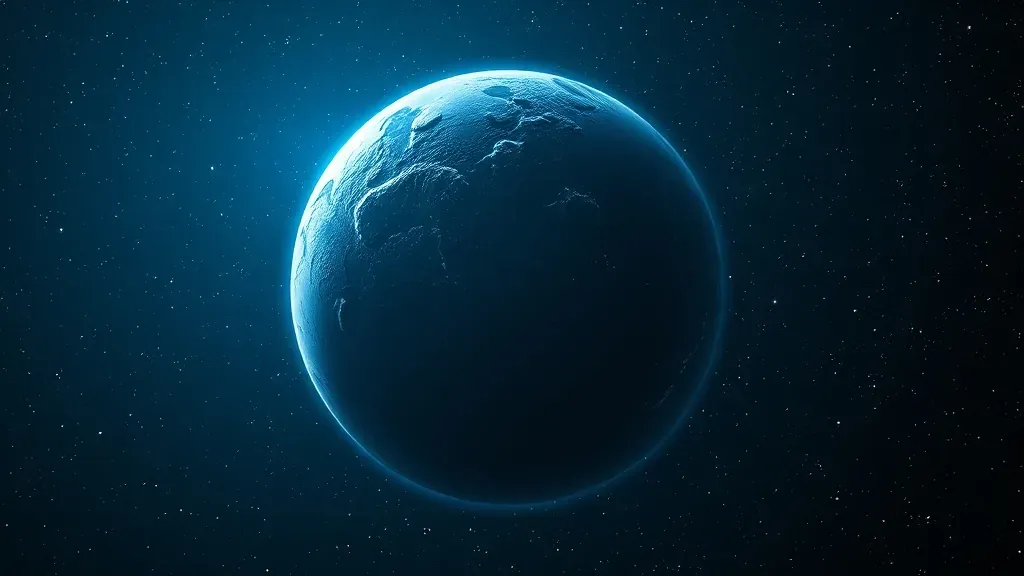 Un planeta helado y desolado flotando solitario en la inmensidad oscura del espacio interestelar, sin estrellas cercanas.