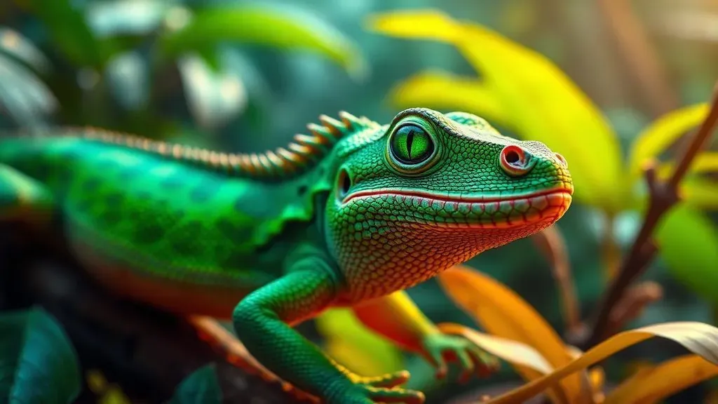 Primer plano detallado de un lagarto eslizón de sangre verde sobre una rama, mostrando su piel única de color esmeralda intenso en un entorno selvático.