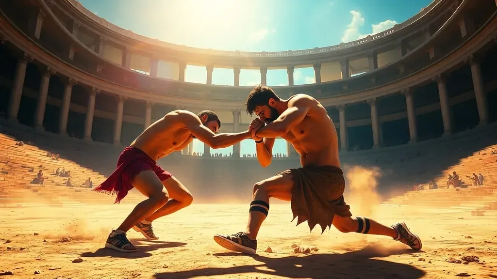 Dos luchadores griegos antiguos compitiendo en un combate de Pankration en el estadio de Olimpia bajo un sol intenso.
