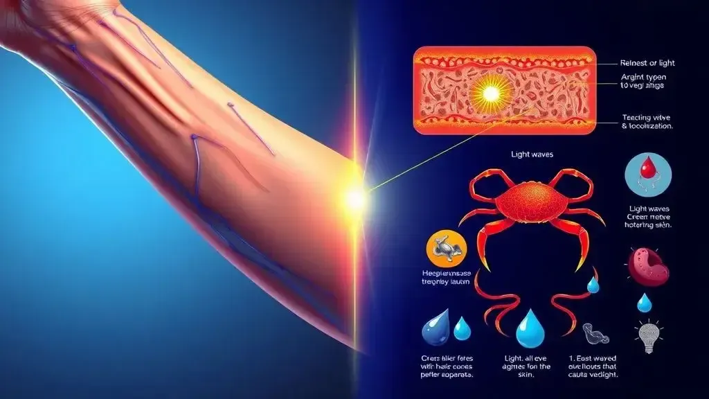 featuring a split view: on one side, a human arm with visible blue veins under the skin, and on the other side, a colorful sc