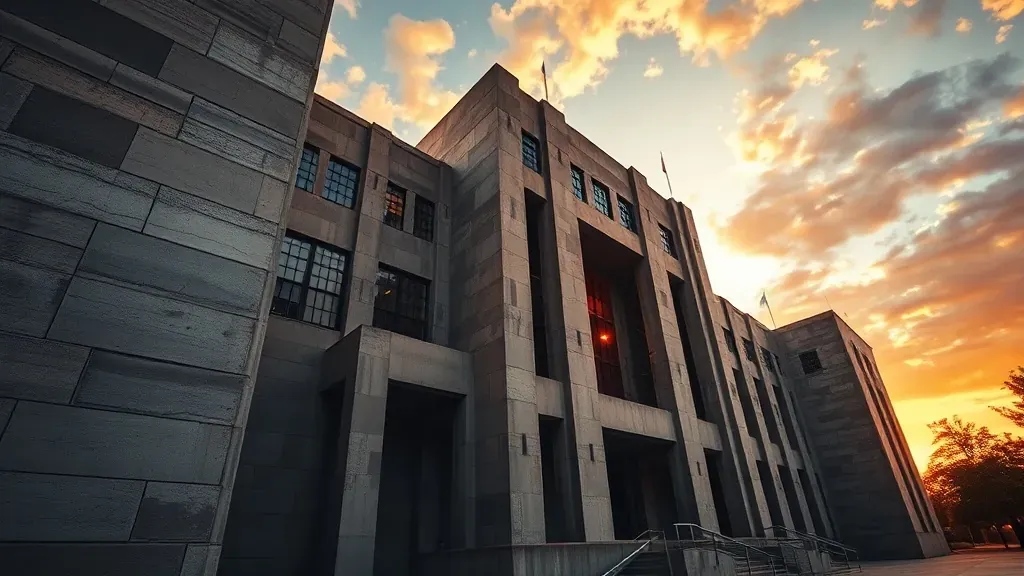 Fotografía arquitectónica de un imponente edificio brutalista de hormigón con texturas marcadas y sombras geométricas bajo la luz del atardecer.
