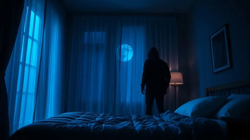 Una figura oscura y sombría con forma humana parada en la esquina de un dormitorio oscuro, creando una atmósfera de misterio y terror.