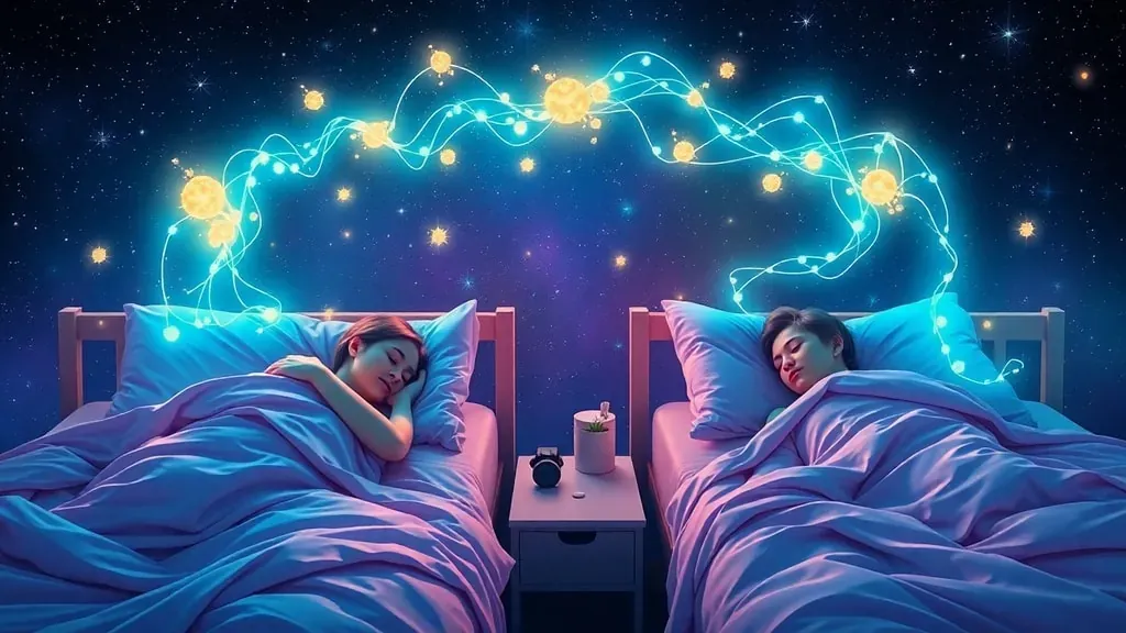 Imagen artística de dos personas durmiendo conectadas por hilos de luz etérea que simbolizan la conexión telepática en los sueños.