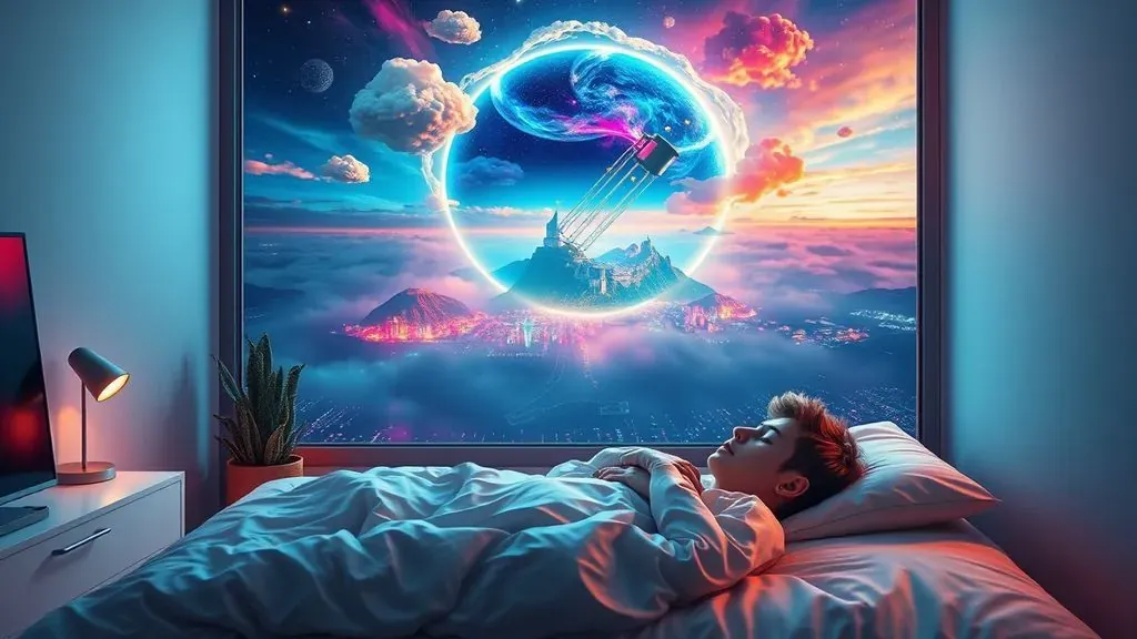 Ilustración surrealista de una persona durmiendo mientras una galaxia colorida y mundos flotantes emergen de su mente, representando el concepto de sueños lúcidos.