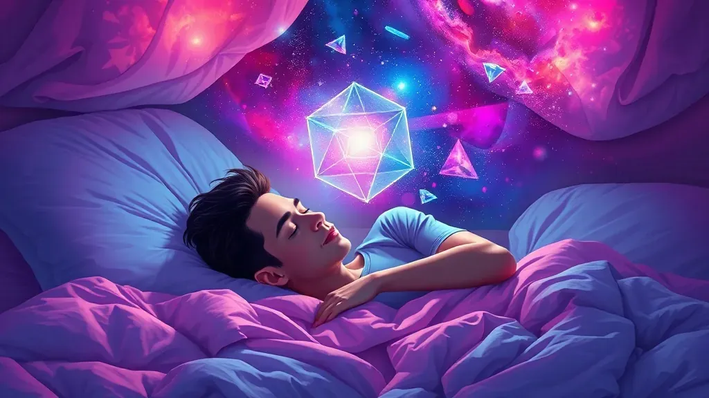 Una ilustración surrealista de una persona durmiendo mientras una galaxia colorida y formas geométricas flotantes emergen de su mente, representando el concepto de sueños lúcidos.