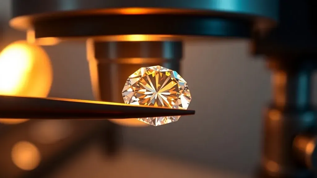 Primer plano de un diamante siendo examinado con una lupa de joyero bajo una luz brillante para verificar su autenticidad.