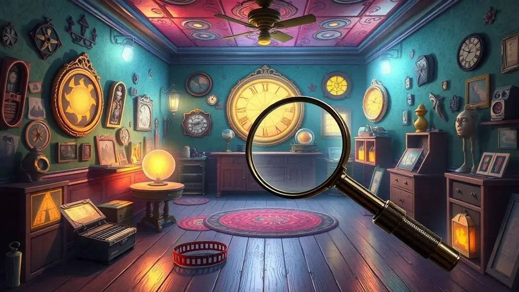 Una habitación mágica llena de elementos clásicos de películas de Disney con símbolos ocultos brillando en las paredes y una lupa de detective sobre una bobina de película antigua.