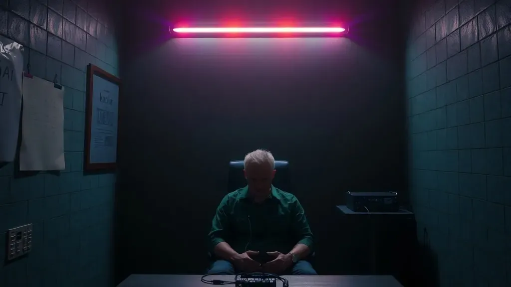 Persona sentada en una sala de interrogatorio siendo examinada por un polígrafo, rodeada de cables y luz dramática.