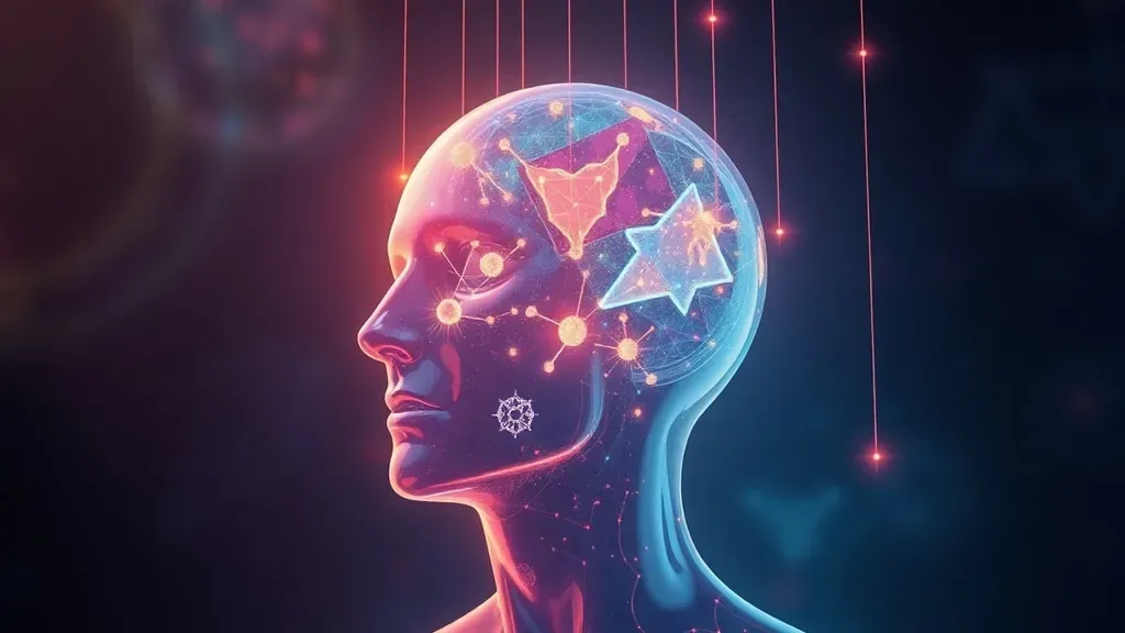 Una ilustración conceptual de una cabeza humana transparente con constelaciones del zodiaco en su interior, representando cómo la mente es influenciada por la astrología.