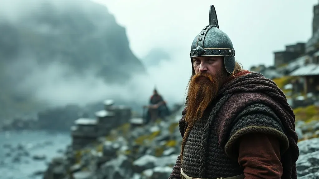 Guerrero vikingo histórico con casco de hierro sin cuernos, de pie en un fiordo noruego bajo una iluminación dramática.