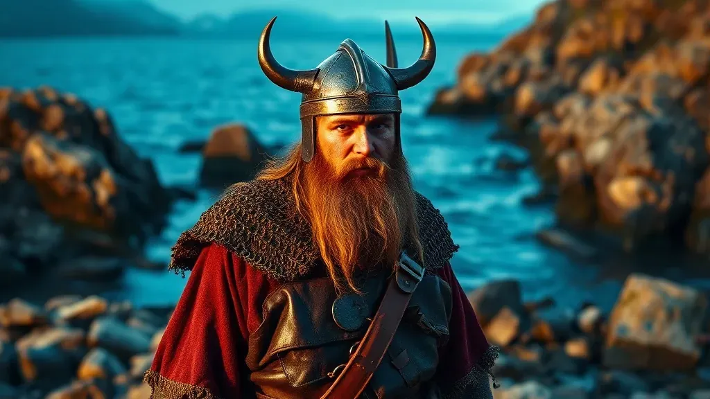 Guerrero vikingo con casco histórico de hierro sin cuernos, de pie en un acantilado costero con estilo cinematográfico.