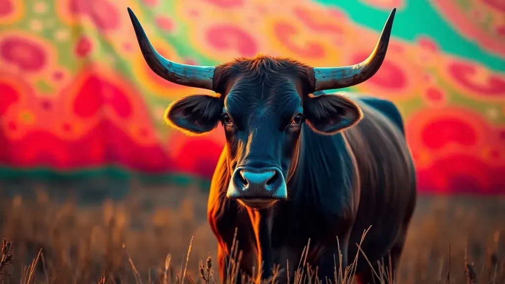 Un toro tranquilo en un campo verde, ilustrando que no reacciona al color sino al movimiento.