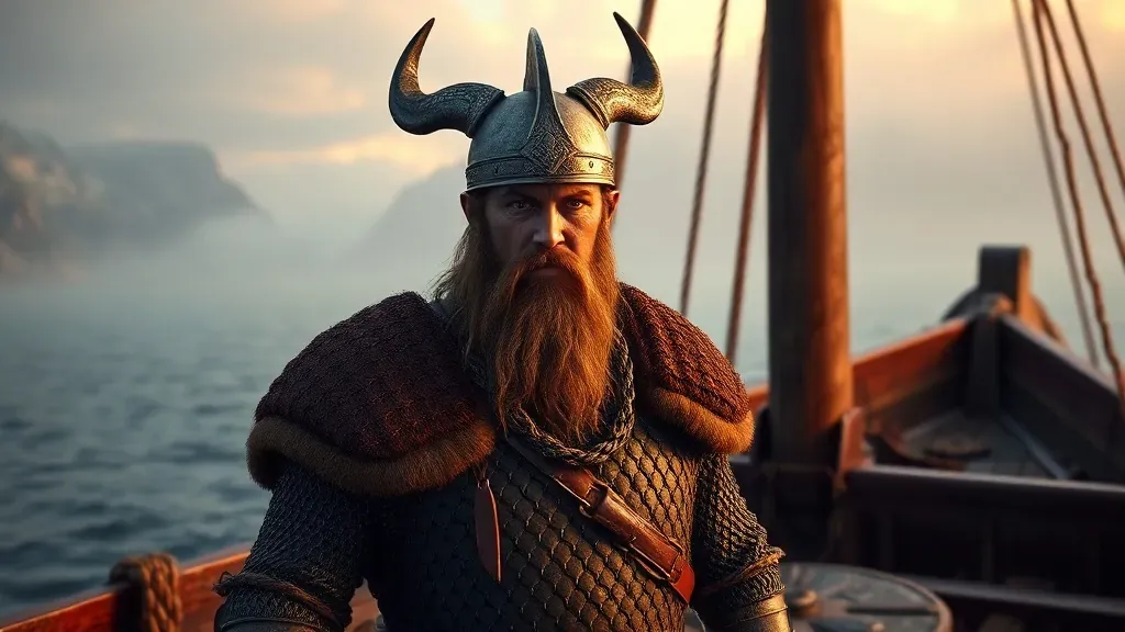 Guerrero vikingo con casco de hierro funcional sin cuernos, sobre un drakkar nórdico en un fiordo nublado.