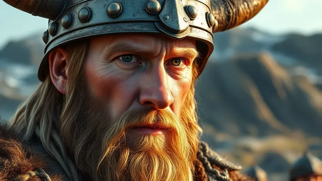 Un guerrero vikingo con equipo histórico real, usando un casco de hierro sin cuernos en un entorno nórdico realista.